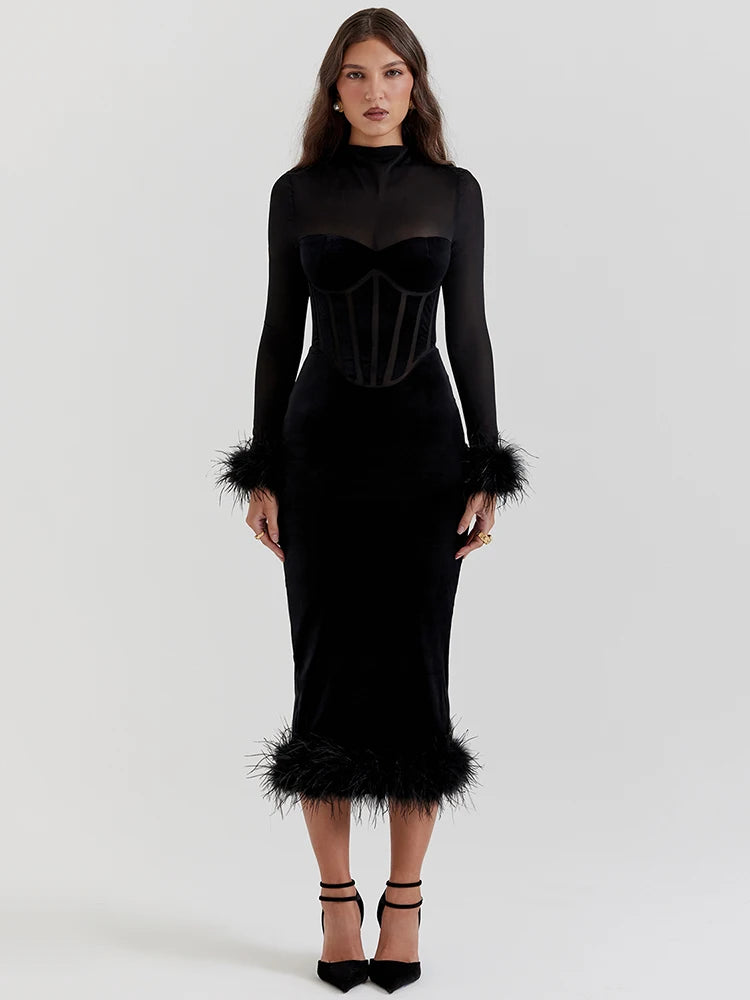 Velvet Feather-Trim Midi Dress Cocktail Gown Elegant Dresses | Chuzko.com