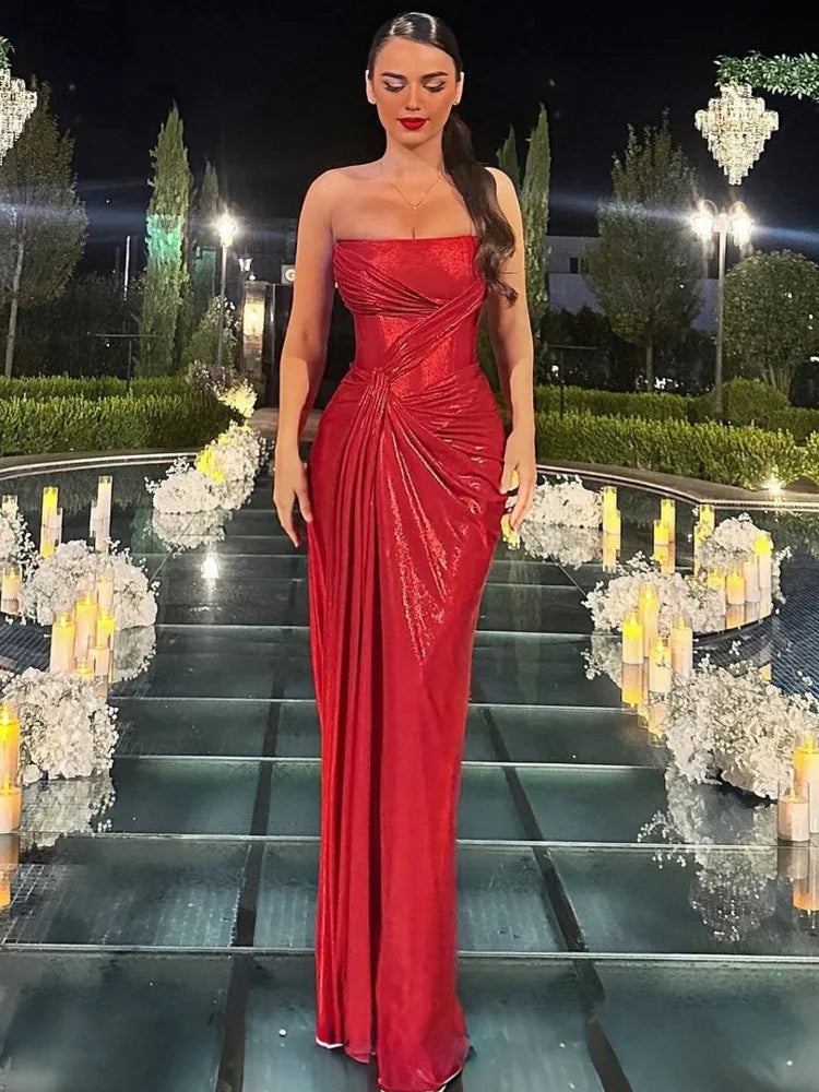 Metallic Red Strapless Gala Gown Elegant Evening Dress Elegant | Chuzko.com