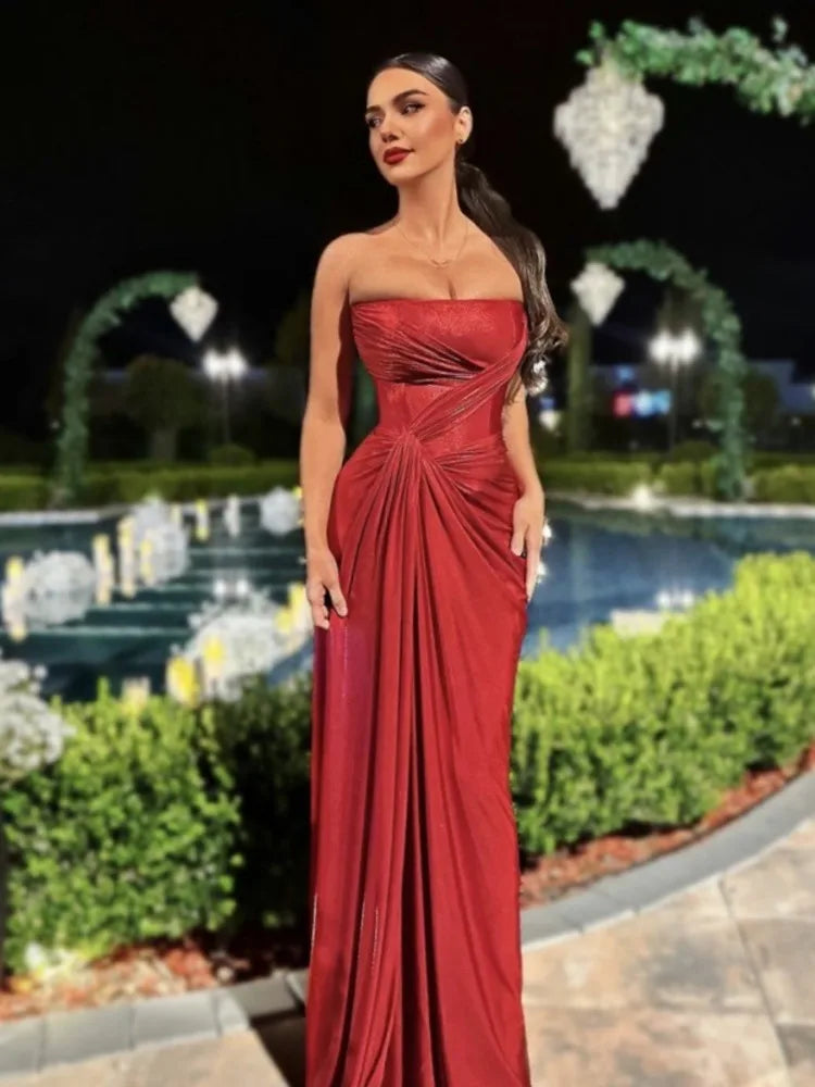 Metallic Red Strapless Gala Gown Elegant Evening Dress Elegant | Chuzko.com