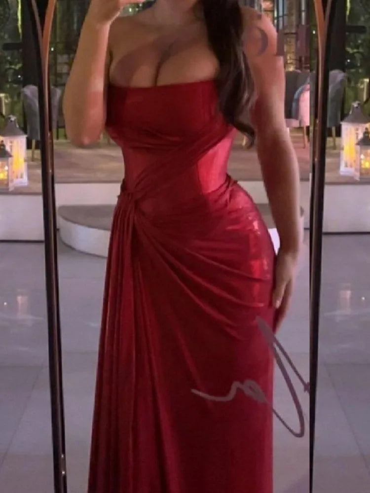 Metallic Red Strapless Gala Gown Elegant Evening Dress Elegant | Chuzko.com