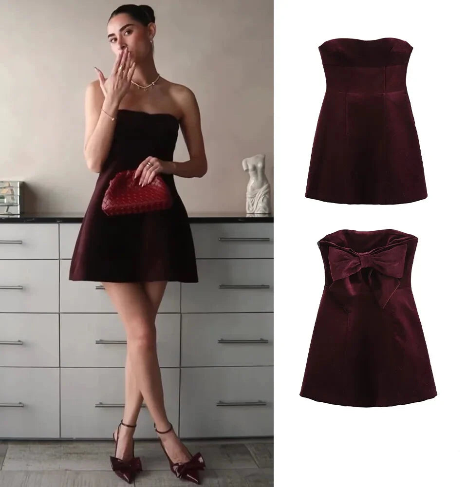 Velvet Strapless Mini Dress with Bow Back for Glam Events	