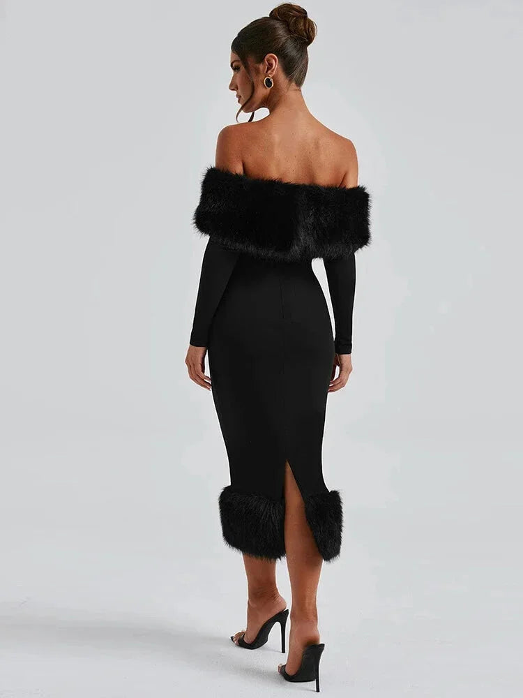 Elegant Faux Fur Winter Midi Party Dress Winter Dresses