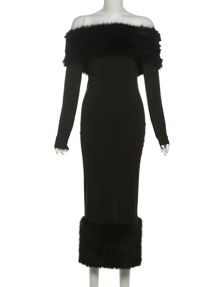 Elegant Faux Fur Winter Midi Party Dress Winter Dresses