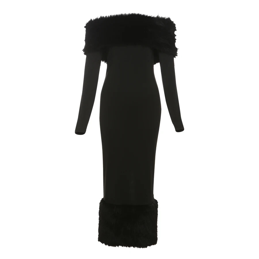 Elegant Faux Fur Winter Midi Party Dress Winter Dresses