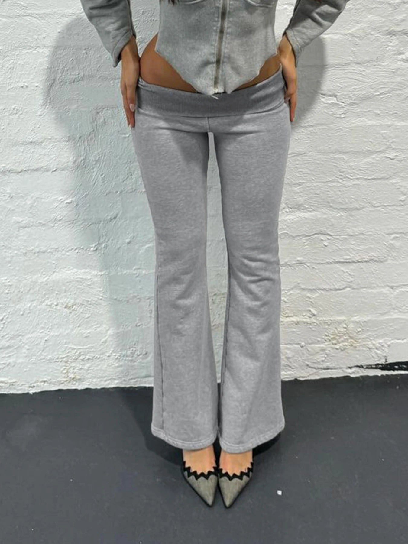 Gray Flared Leggings Trendy Low-Rise Ribbon Pants Flared Leggings | Chuzko.com