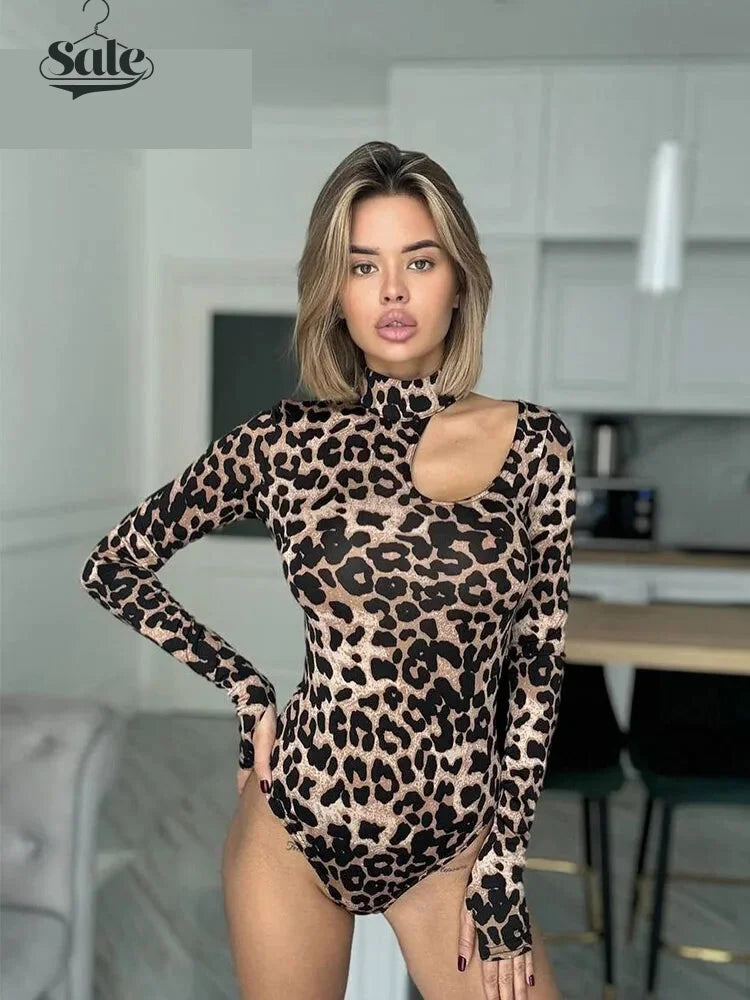 Leopard Print Bodysuit with High Neck and Cutouts	