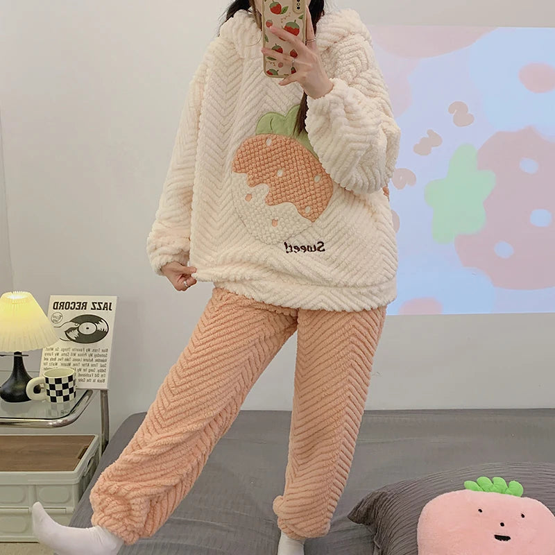 Winter Nights Strawberry Plush Pajamas Fleece Sleepwear Set