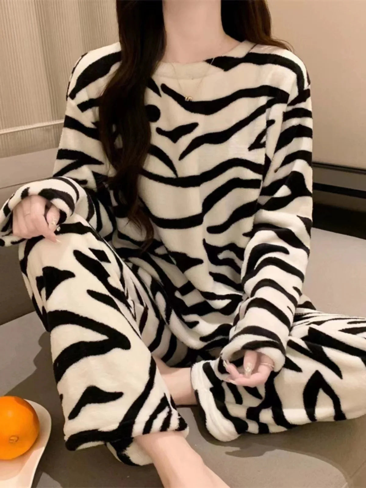 Zebra Print Cozy Fleece Pajama Set Winter Plush Sleepwear Pajamas