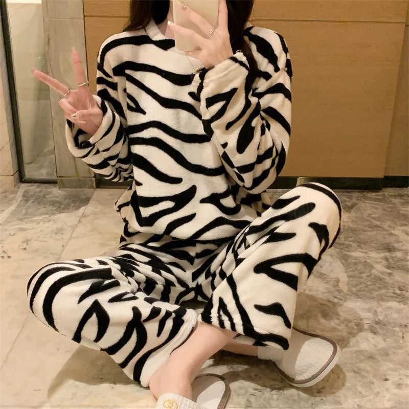 Zebra Print Cozy Fleece Pajama Set Winter Plush Sleepwear Pajamas