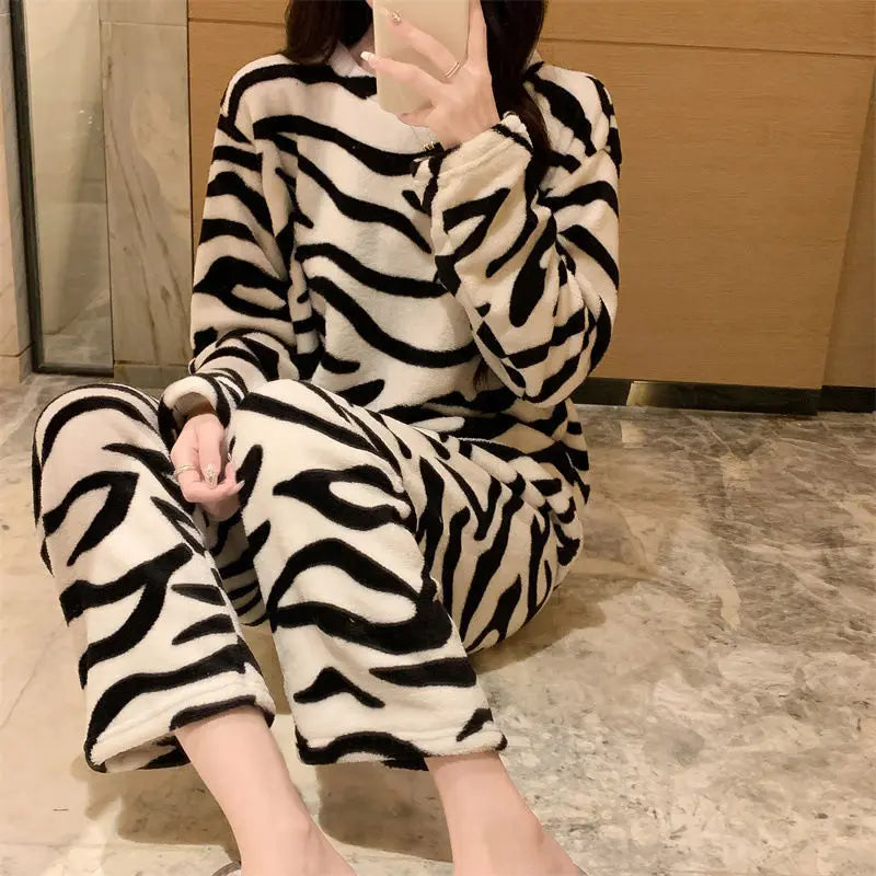 Zebra Print Cozy Fleece Pajama Set Winter Plush Sleepwear Pajamas