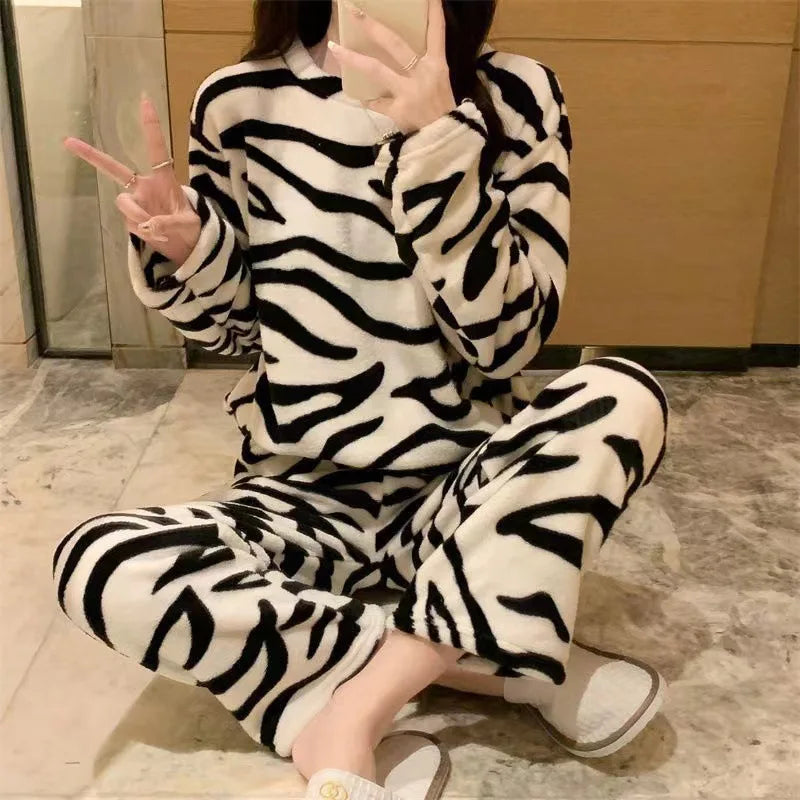 Zebra Print Cozy Fleece Pajama Set Winter Plush Sleepwear Pajamas