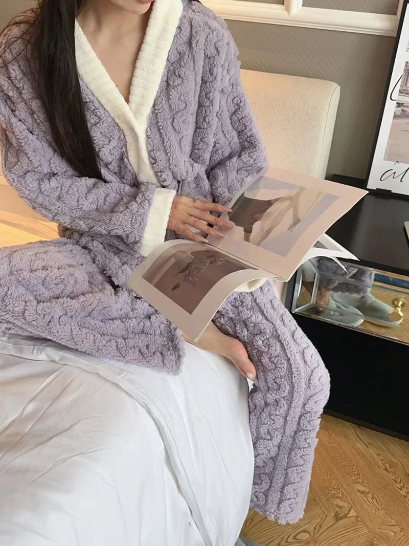 Plush Winter Sleepwear Set for Women Cable Knit Fleece Pajamas