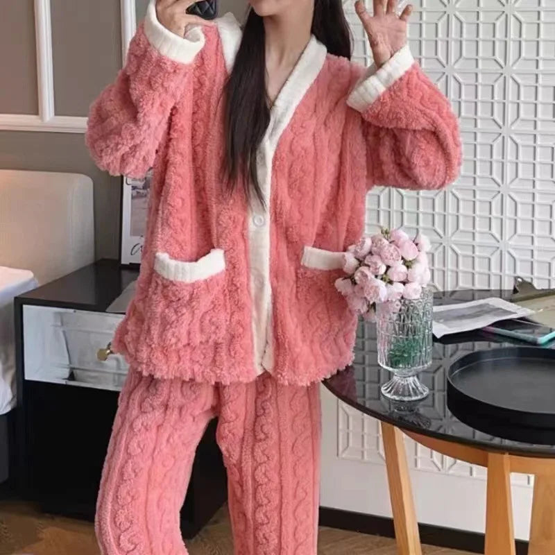 Plush Winter Sleepwear Set for Women Cable Knit Fleece Pajamas