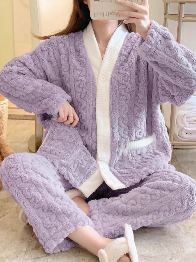 Plush Winter Sleepwear Set for Women Cable Knit Fleece Pajamas