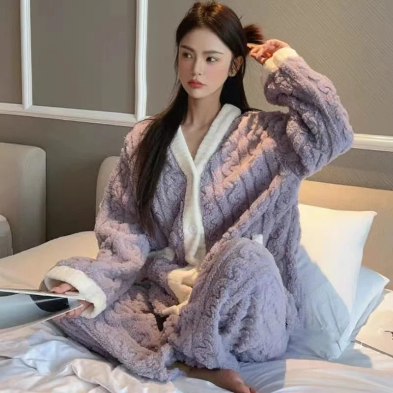 Plush Winter Sleepwear Set for Women Cable Knit Fleece Pajamas