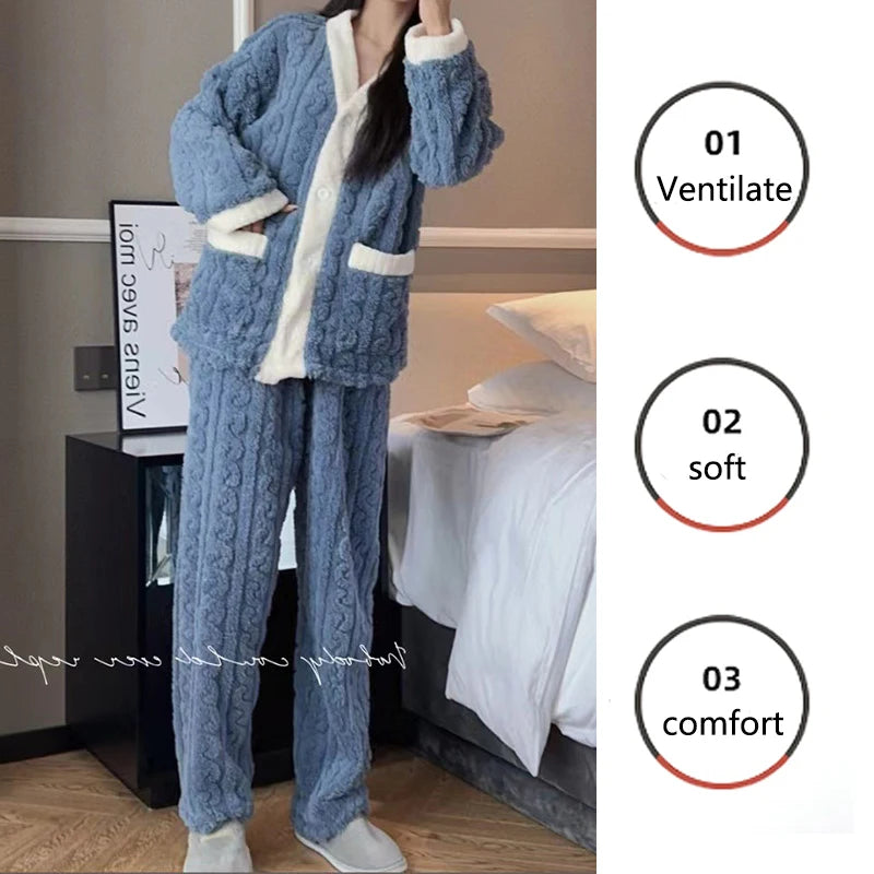 Plush Winter Sleepwear Set for Women Cable Knit Fleece Pajamas