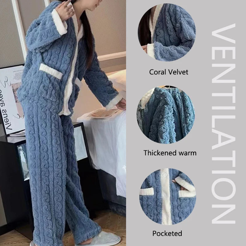 Plush Winter Sleepwear Set for Women Cable Knit Fleece Pajamas