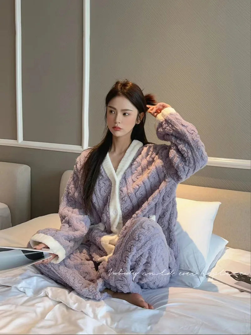 Plush Winter Sleepwear Set for Women Cable Knit Fleece Pajamas