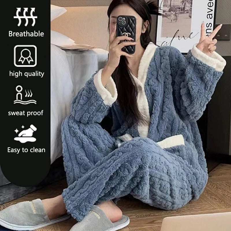 Plush Winter Sleepwear Set for Women Cable Knit Fleece Pajamas