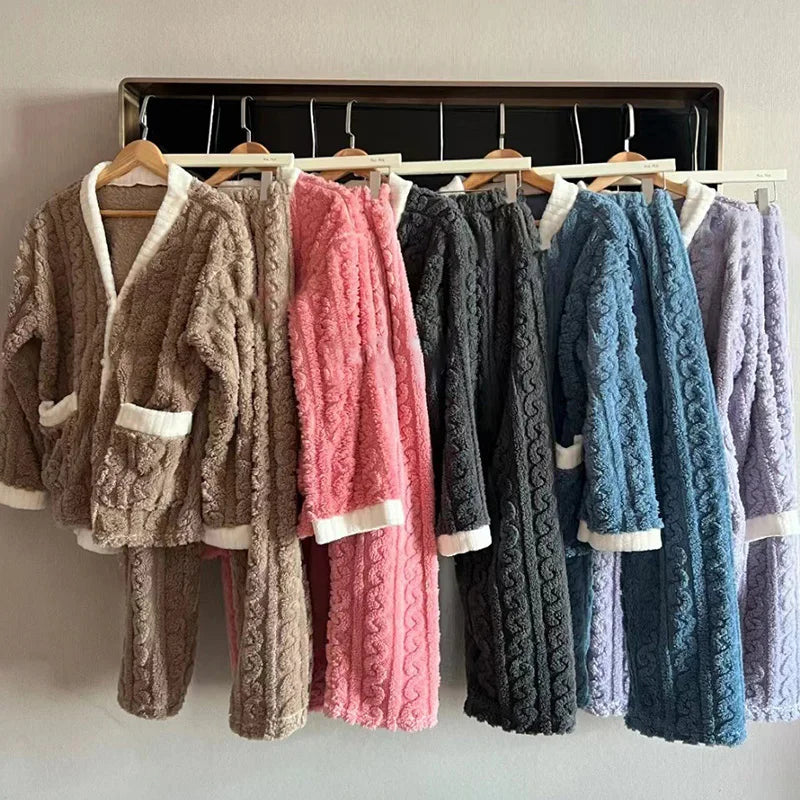 Plush Winter Sleepwear Set for Women Cable Knit Fleece Pajamas