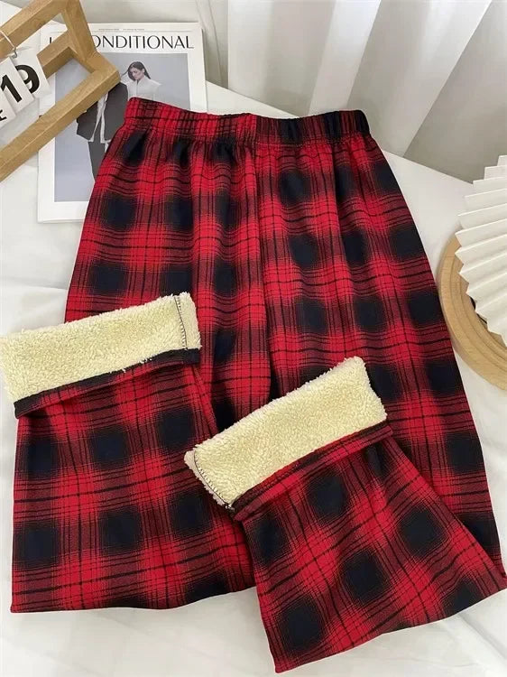 Plush Lined Plaid Loungewear Pants for Women Winter Pants