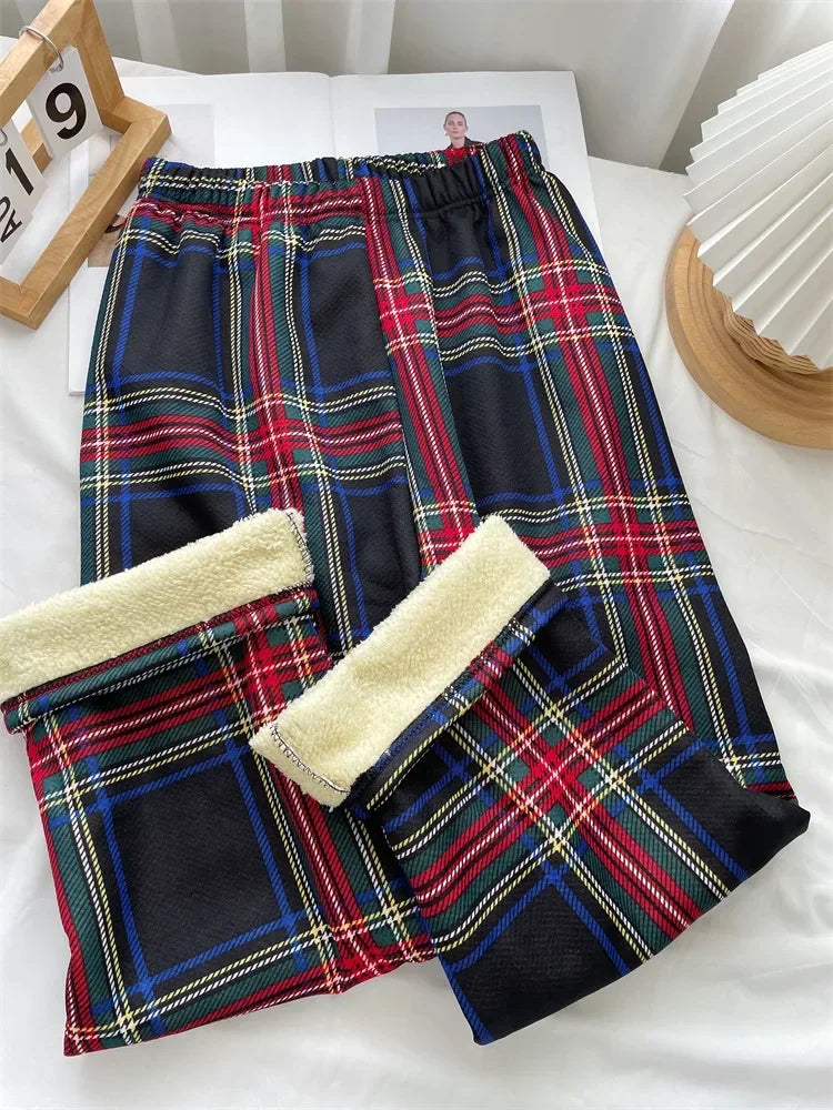 Plush Lined Plaid Loungewear Pants for Women Winter Pants