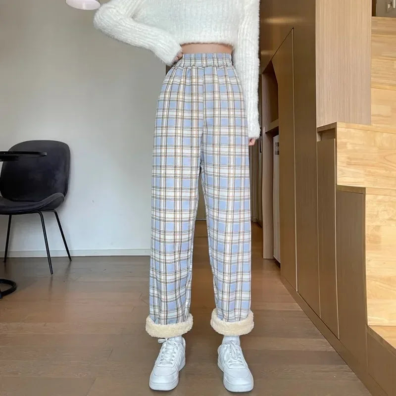 Plush Lined Plaid Loungewear Pants for Women Winter Pants