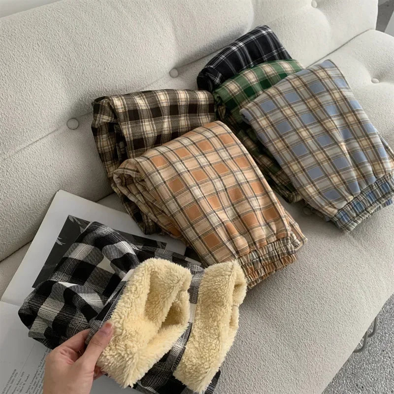 Plush Lined Plaid Loungewear Pants for Women Winter Pants