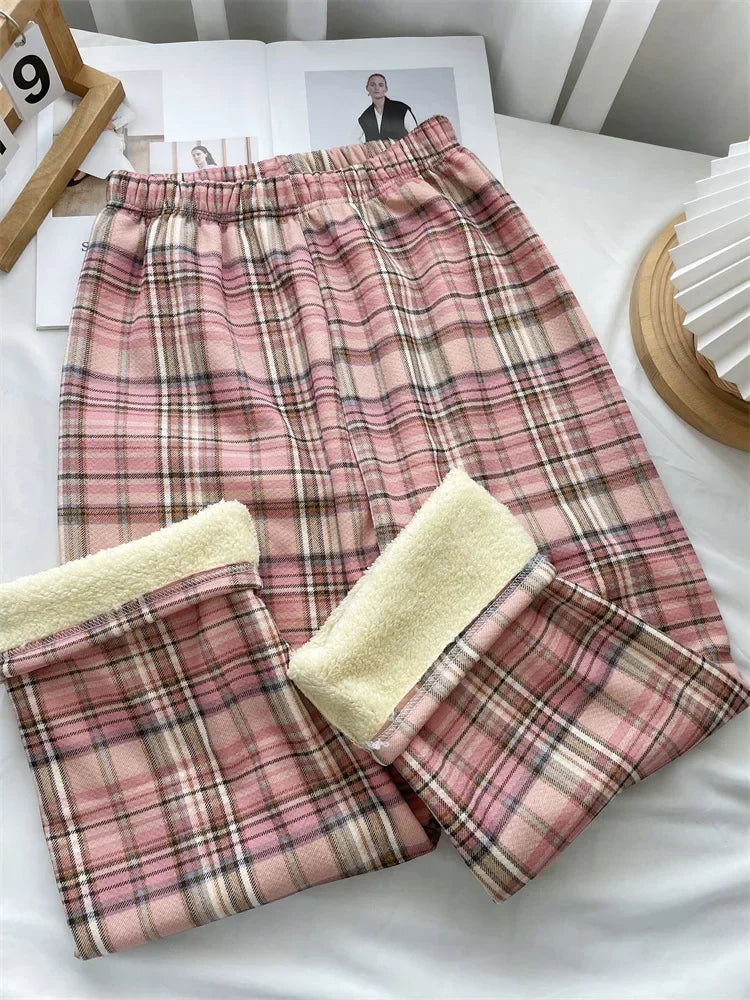 Plush Lined Plaid Loungewear Pants for Women Winter Pants