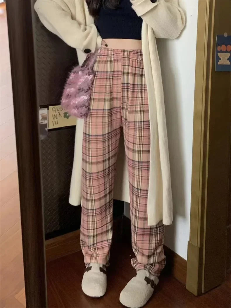 Plush Lined Plaid Loungewear Pants for Women Winter Pants