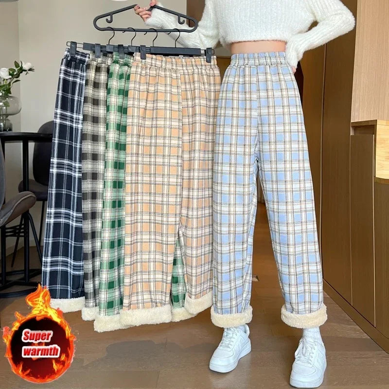 Plush Lined Plaid Loungewear Pants for Women Winter Pants