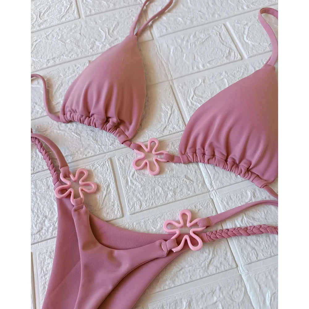 Pink Floral Bikini Set Triangle Trendy Beach Swimwear Swimsuits