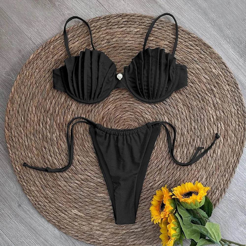 Two-Piece Accordion Swimsuit Elegant Beachwear Ruched Bra