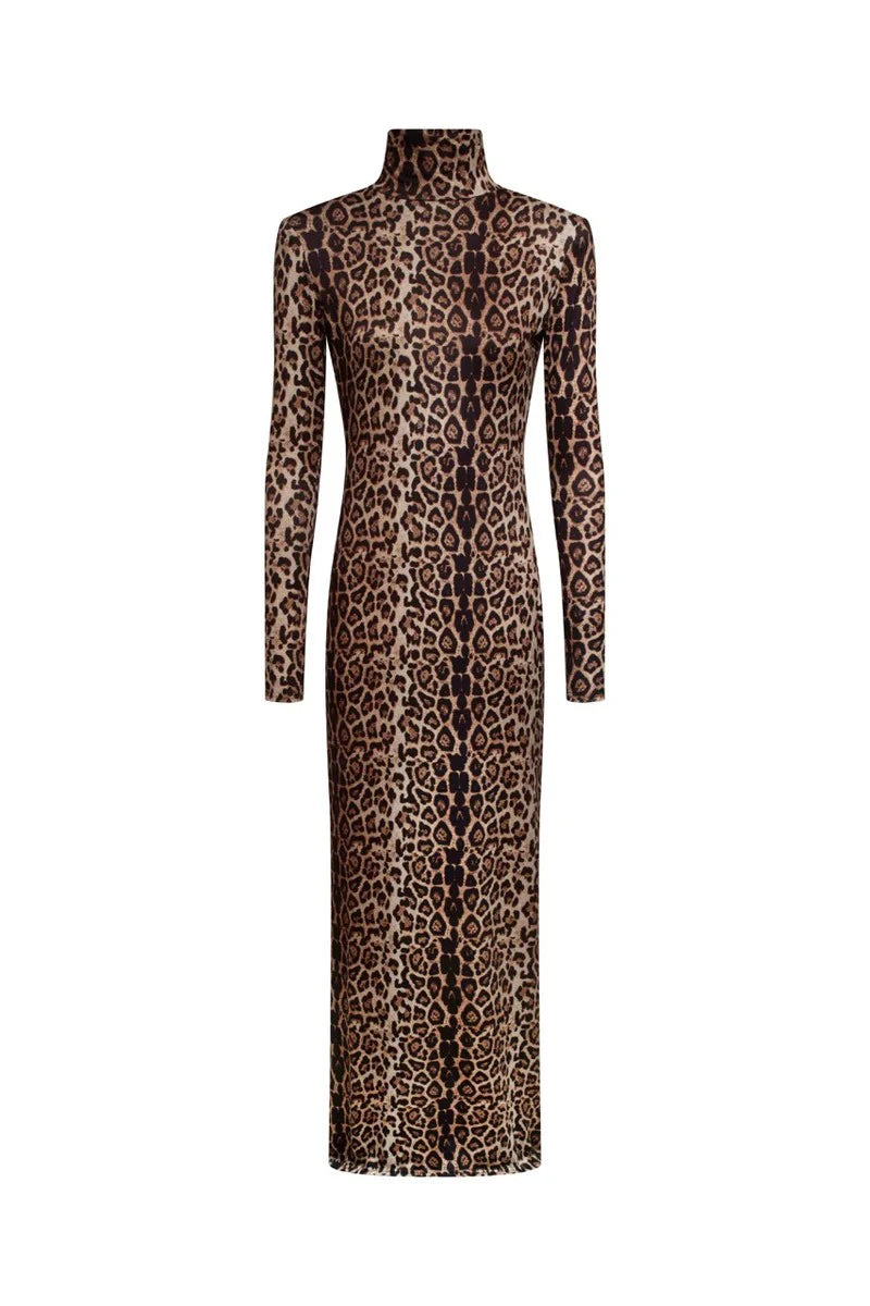 Elegant Animal Print Gala Dress Winter High Neck Gown Elegant