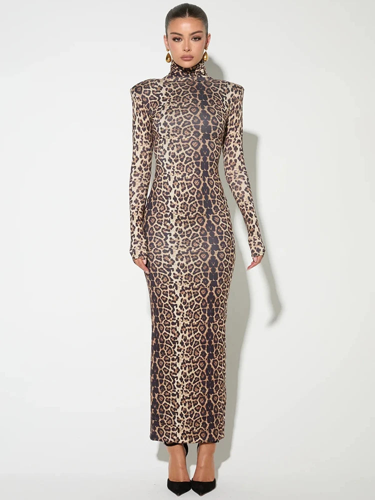 Winter High Neck Animal Print Long Gown	