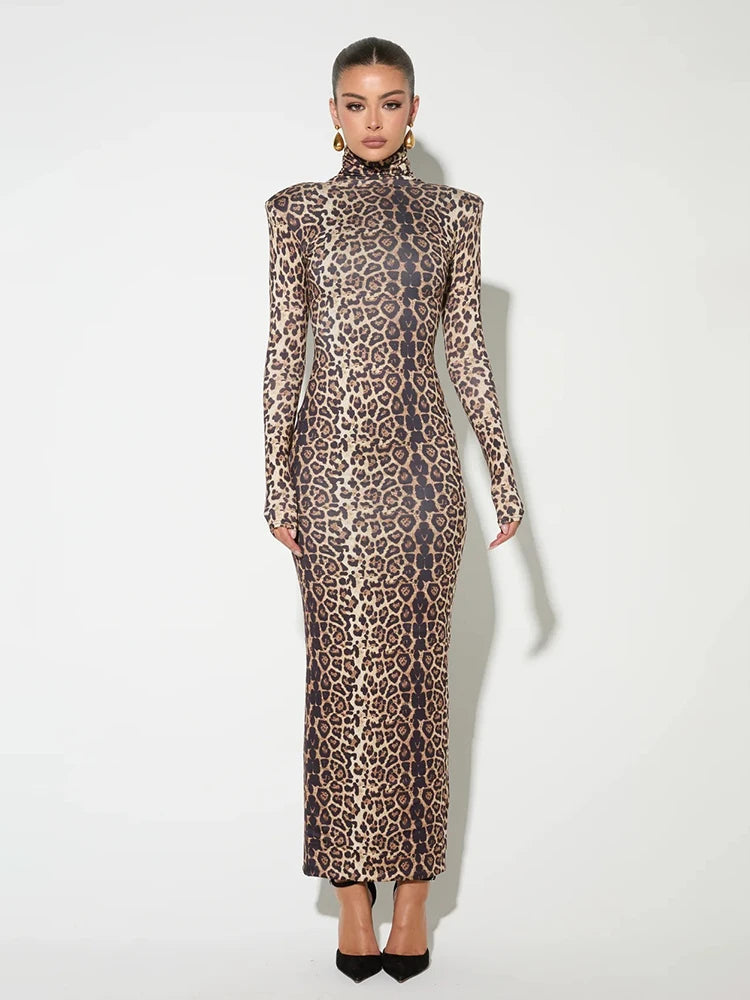 Elegant Animal Print Gala Dress Winter High Neck Gown Elegant