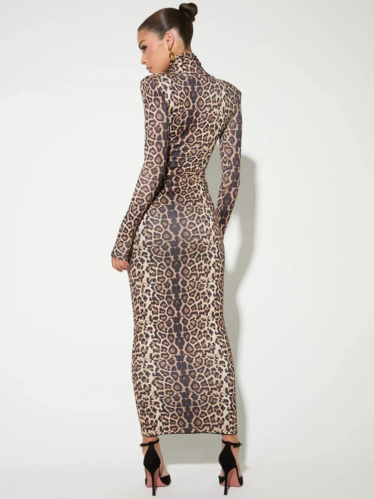 Elegant Animal Print Gala Dress Winter High Neck Gown Elegant