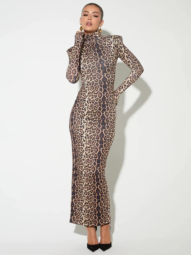 Elegant Animal Print Gala Dress Winter High Neck Gown Elegant