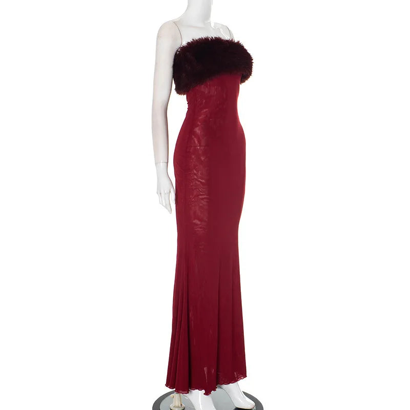 Winter Mesh Mermaid Dress Fur-Trimmed Evening Elegant Dress