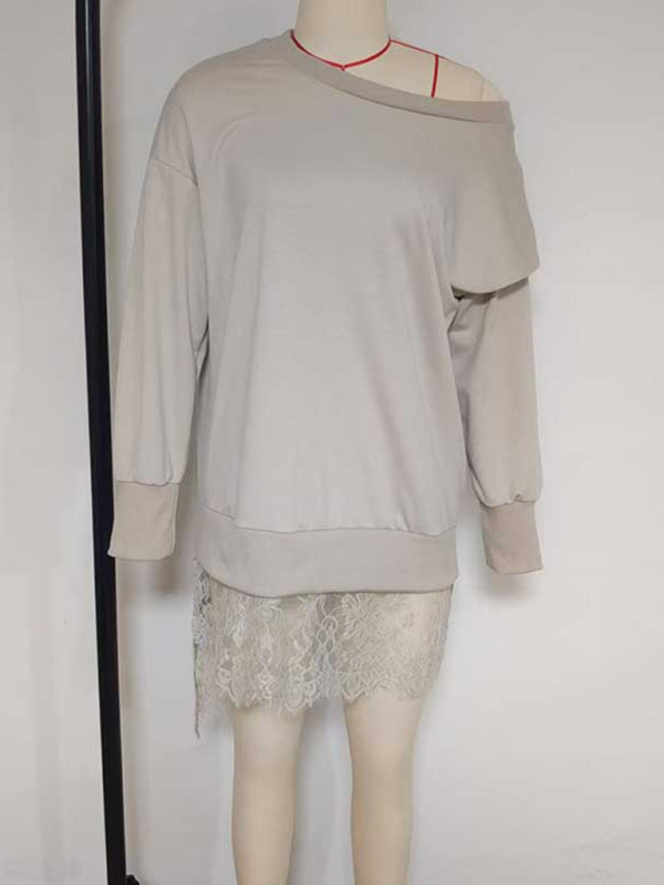 Transitional Lace Hem Pullover Long Sleeve Lace Top for Women