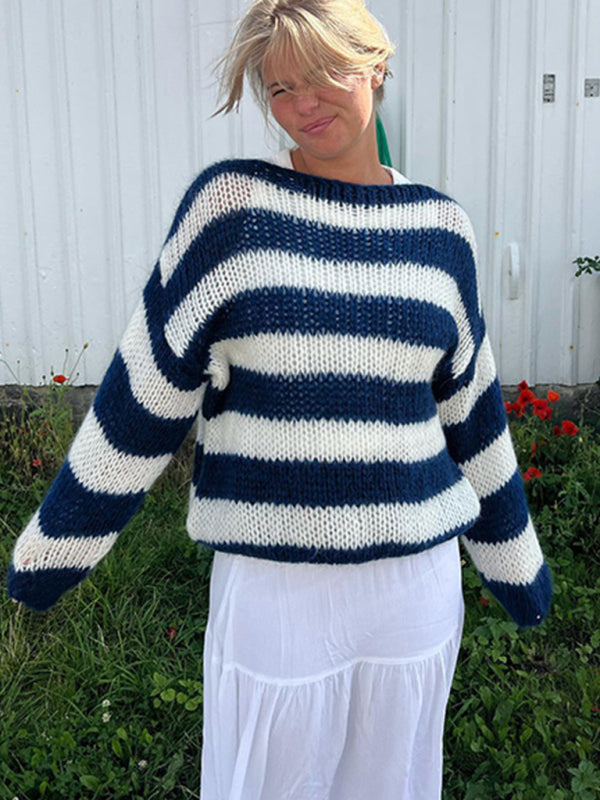 Striped Jumper Open-Knit Slouchy Sweater Sweaters