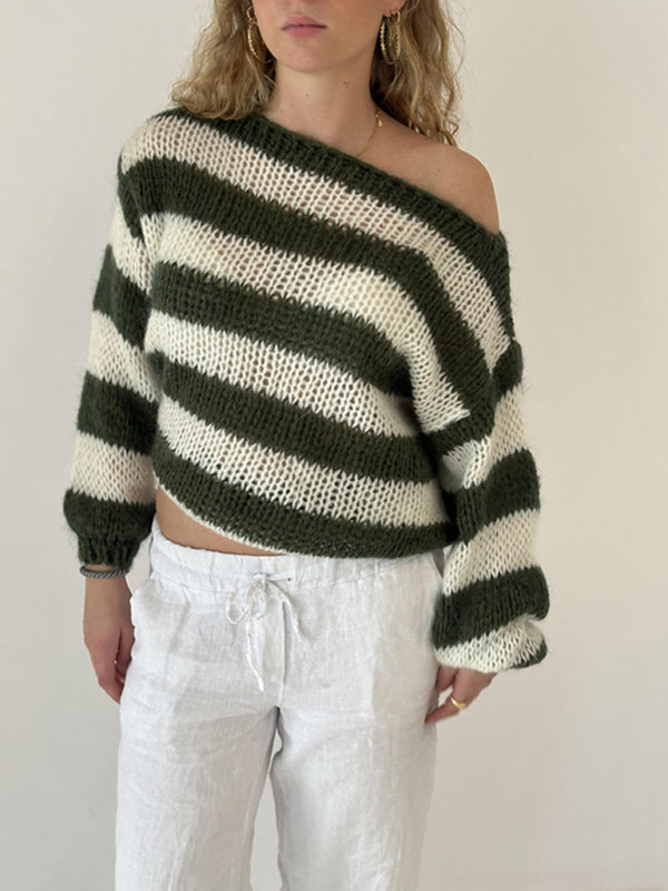 Striped Jumper Open-Knit Slouchy Sweater Sweaters