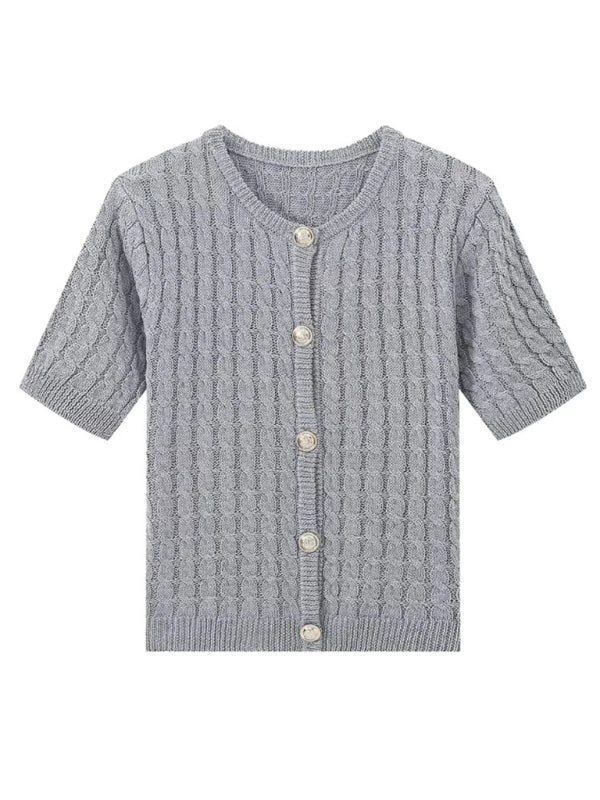 Button-Up Knit Sweater Cable Knit Short-Sleeve Cardigan Top Knit