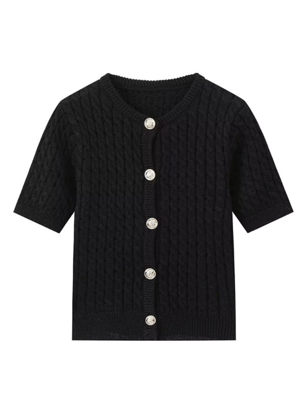 Button-Up Knit Sweater Cable Knit Short-Sleeve Cardigan Top Knit