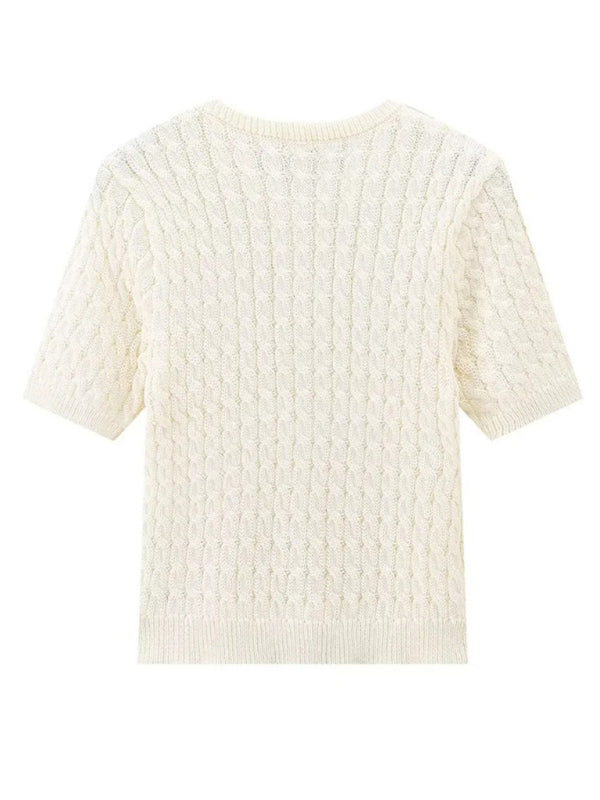 Button-Up Knit Sweater Cable Knit Short-Sleeve Cardigan Top Knit