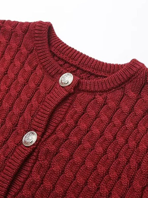 Button-Up Knit Sweater Cable Knit Short-Sleeve Cardigan Top Knit