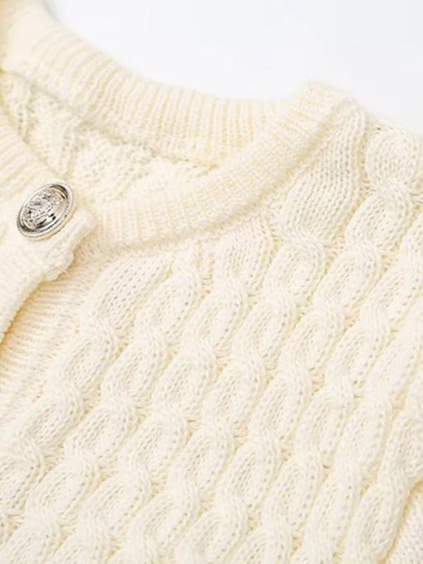 Button-Up Knit Sweater Cable Knit Short-Sleeve Cardigan Top Knit