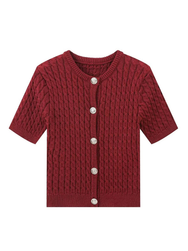 Button-Up Knit Sweater Cable Knit Short-Sleeve Cardigan Top Knit