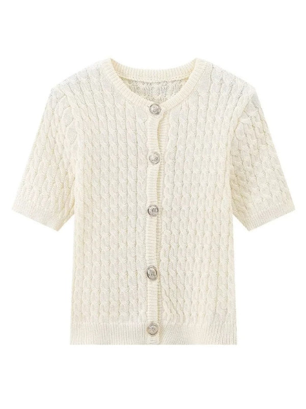 Button-Up Knit Sweater Cable Knit Short-Sleeve Cardigan Top Knit