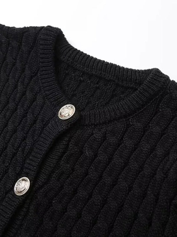 Button-Up Knit Sweater Cable Knit Short-Sleeve Cardigan Top Knit